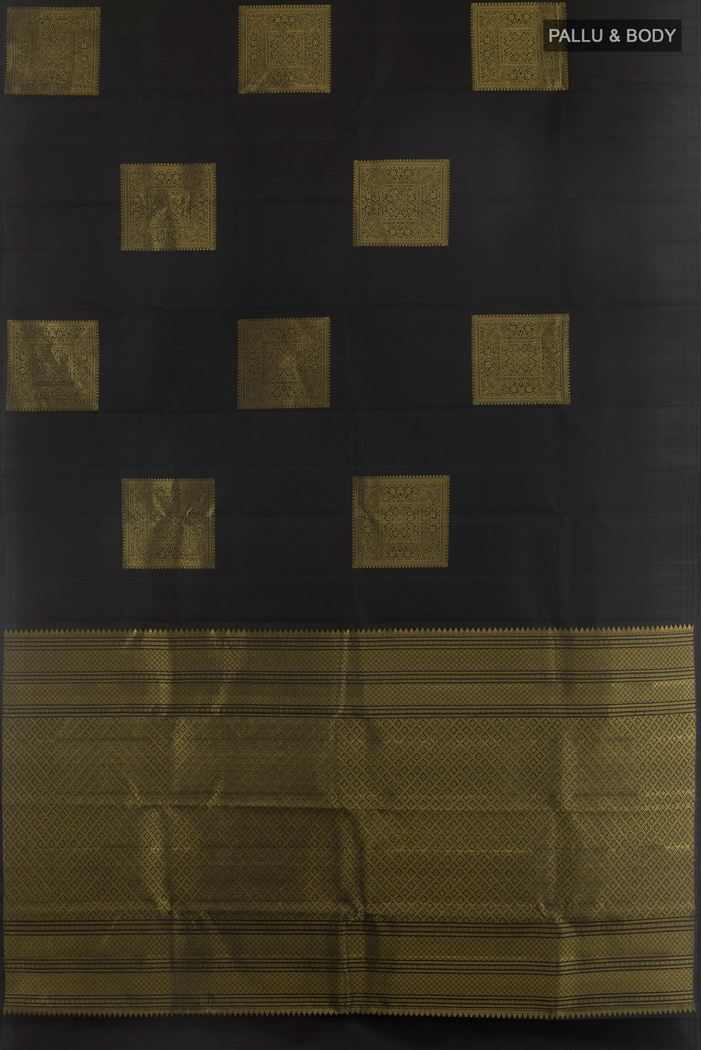 Flat view of Pure Silk Black Kanchipuram Saree with Zari Butta on the body and Without Border. 