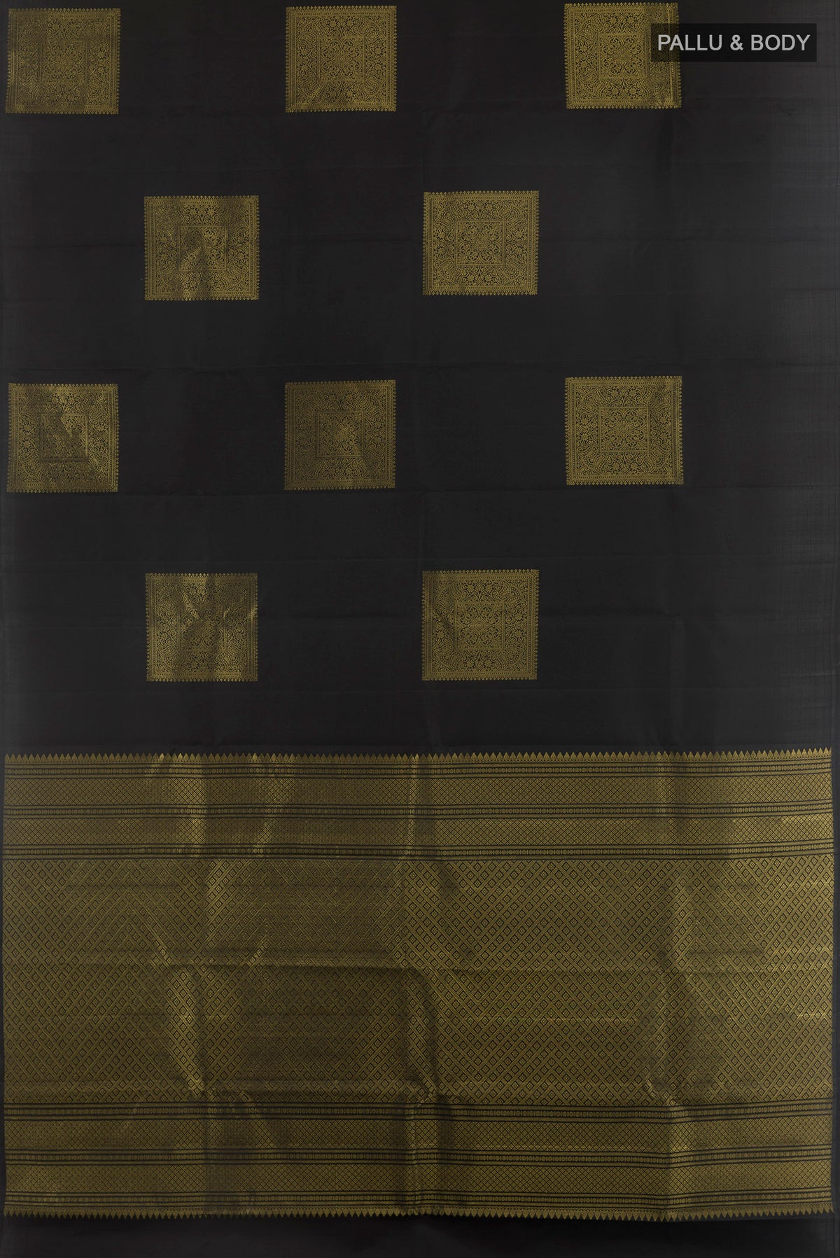 Flat view of Pure Silk Black Kanchipuram Saree with Zari Butta on the body and Without Border. 