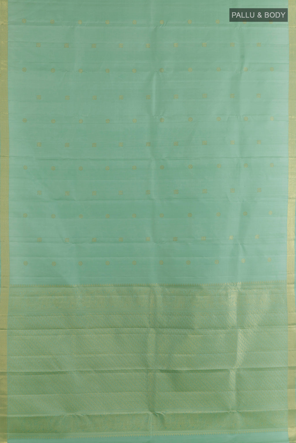 Flat view of Pure Silk Mint Green Kanchipuram Saree with Zari Butta on the body and Zari Border. 