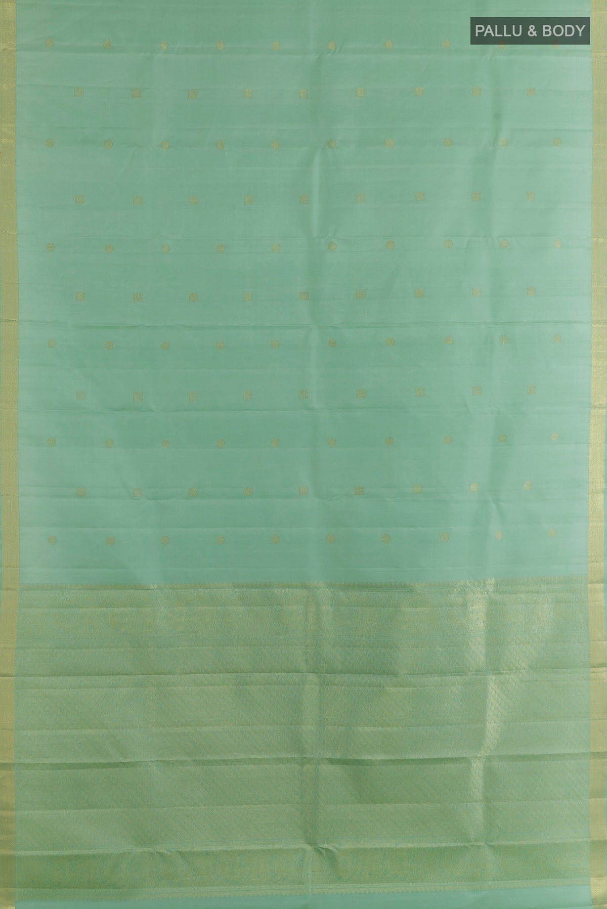 Flat view of Pure Silk Mint Green Kanchipuram Saree with Zari Butta on the body and Zari Border. 