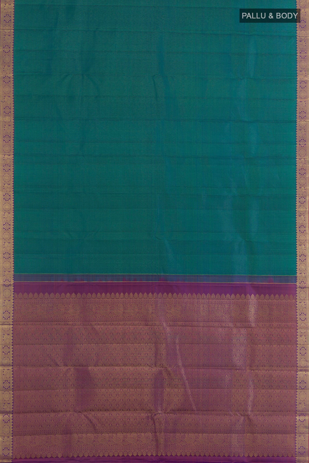 Flat view of Pure Silk Peacock Blue Kanjivaram Saree with Zari Butta on the body and Zari Border. 