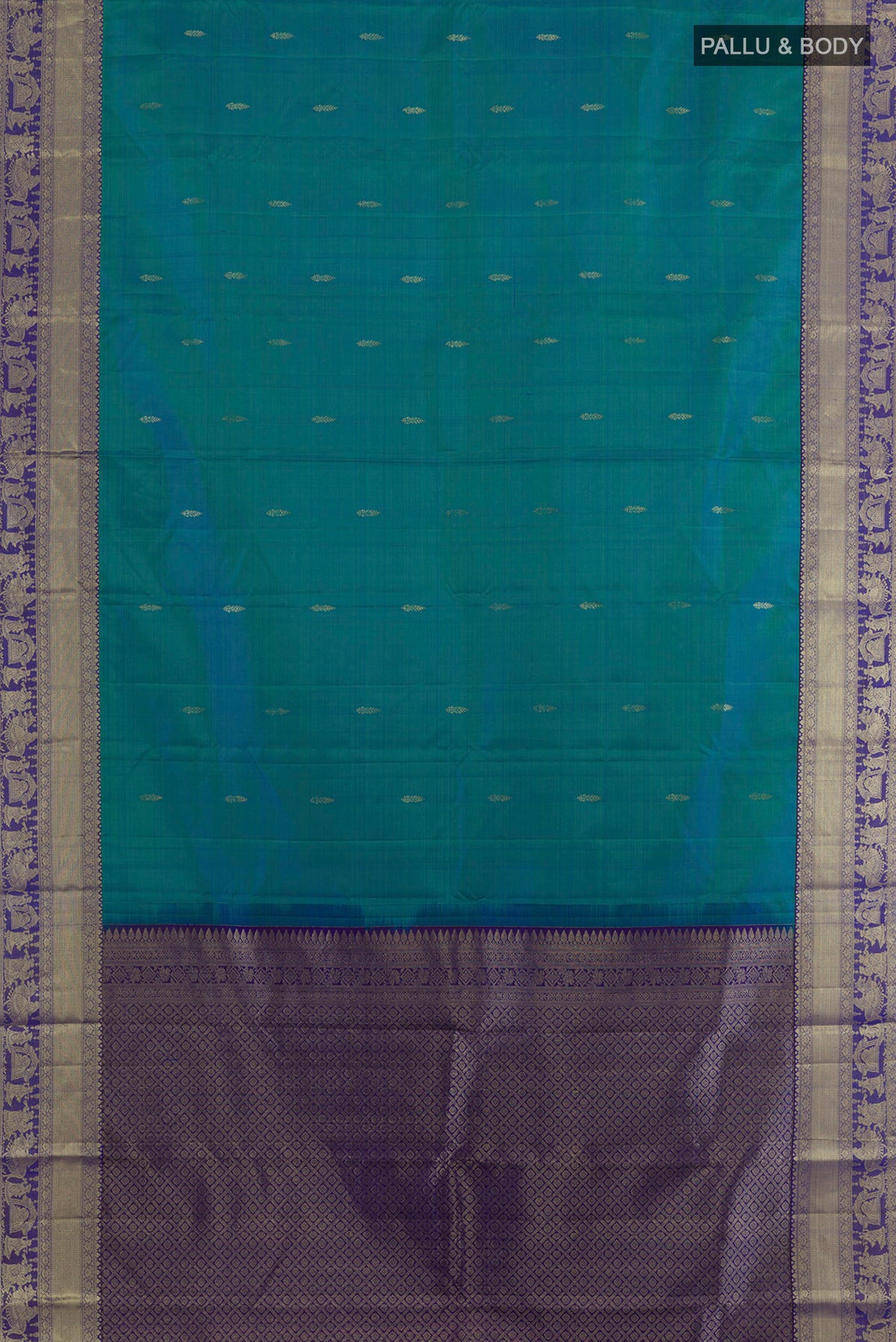 Flat view of Pure Silk Sea Green Kanchipuram Saree with Zari Butta on the body and Zari Border. 