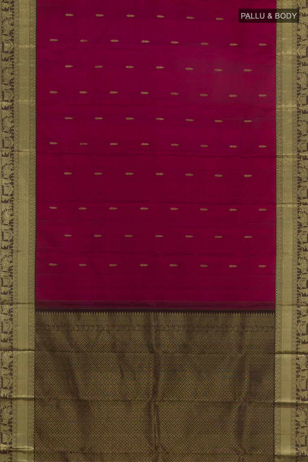 Flat view of Pure Silk Maroon Kanchipuram Saree with Zari Butta on the body and Zari Border. 