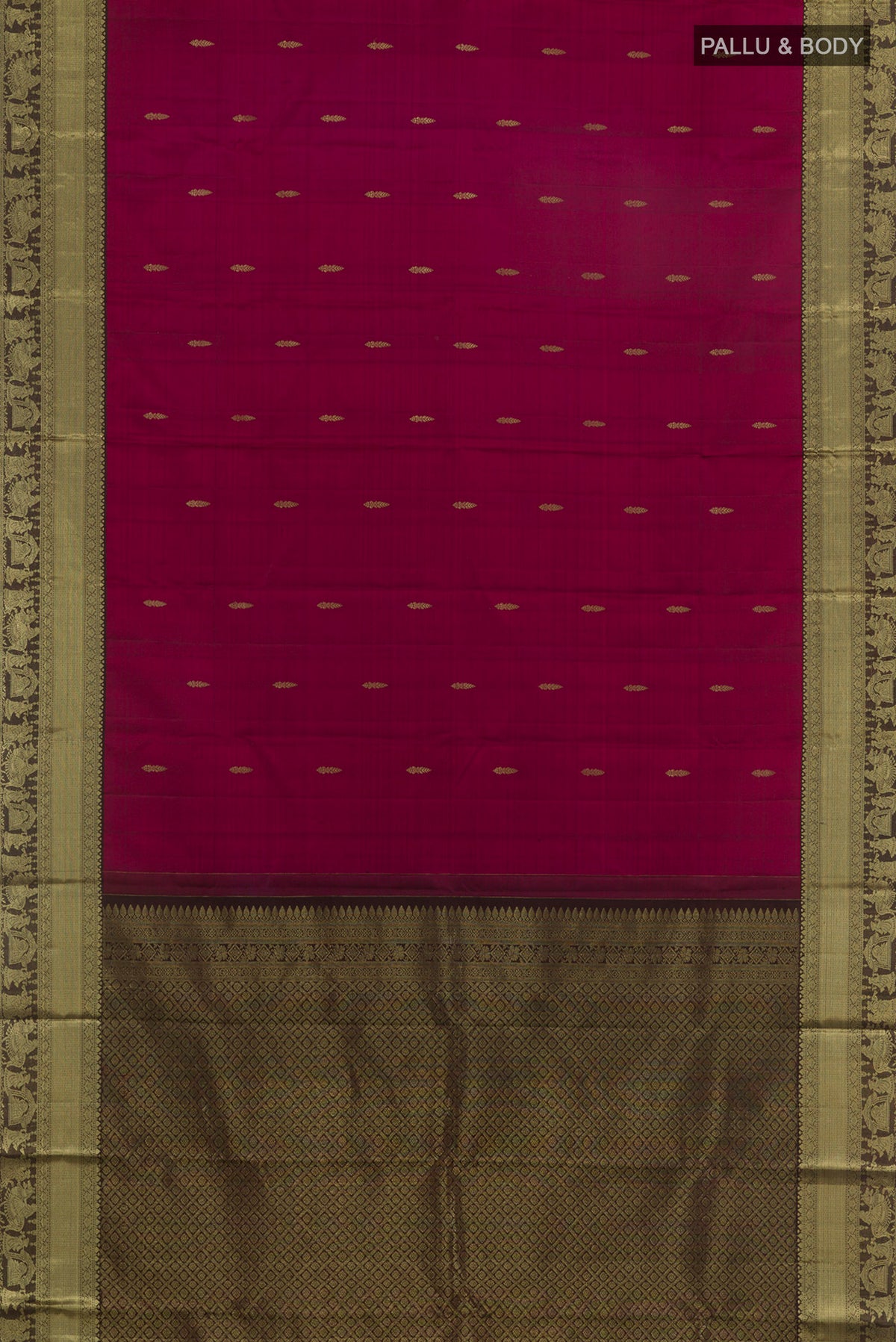 Flat view of Pure Silk Maroon Kanchipuram Saree with Zari Butta on the body and Zari Border. 