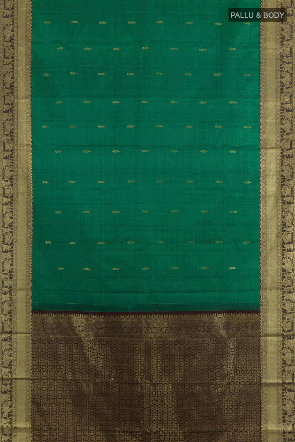 Flat view of Pure Silk Green Kanchipuram Saree with Zari Butta on the body and Zari Border. 