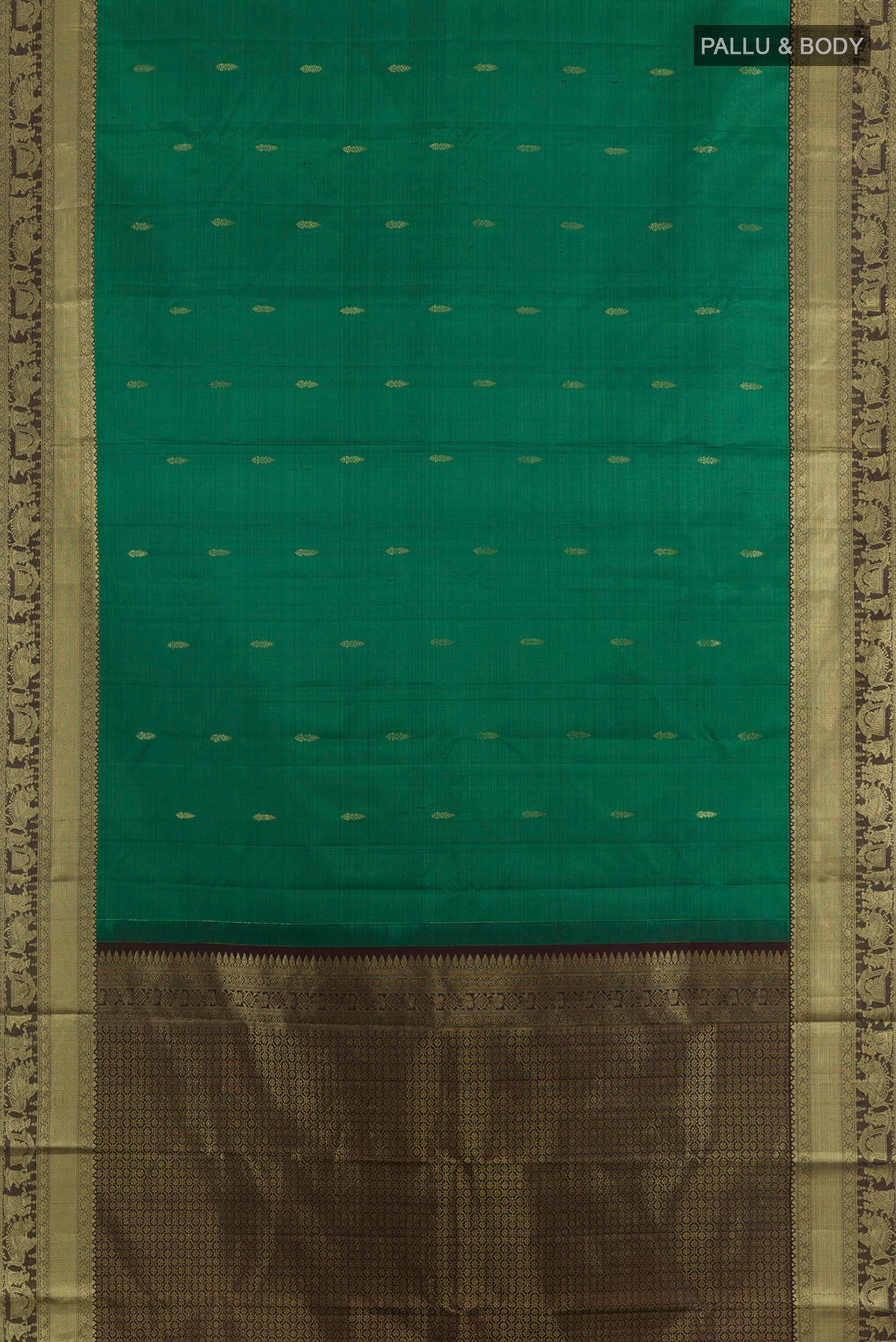 Flat view of Pure Silk Green Kanchipuram Saree with Zari Butta on the body and Zari Border. 