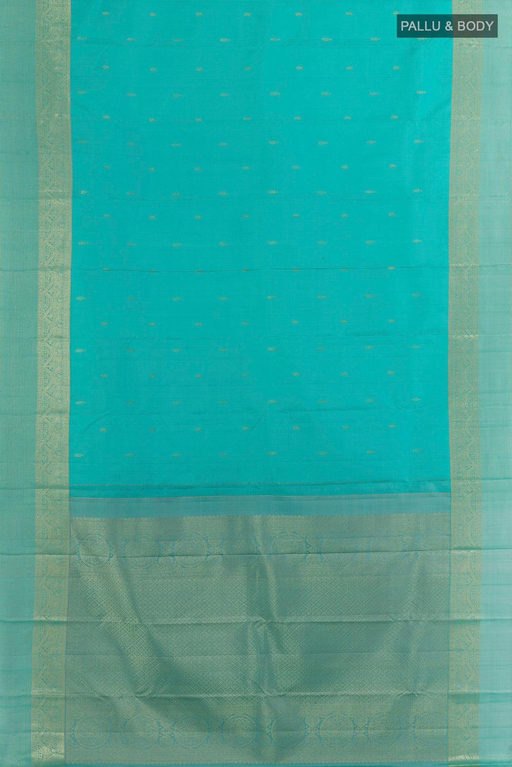 Flat view of Pure Silk Turquoise Kanchipuram Saree with Zari Butta on the body and Zari Border. 