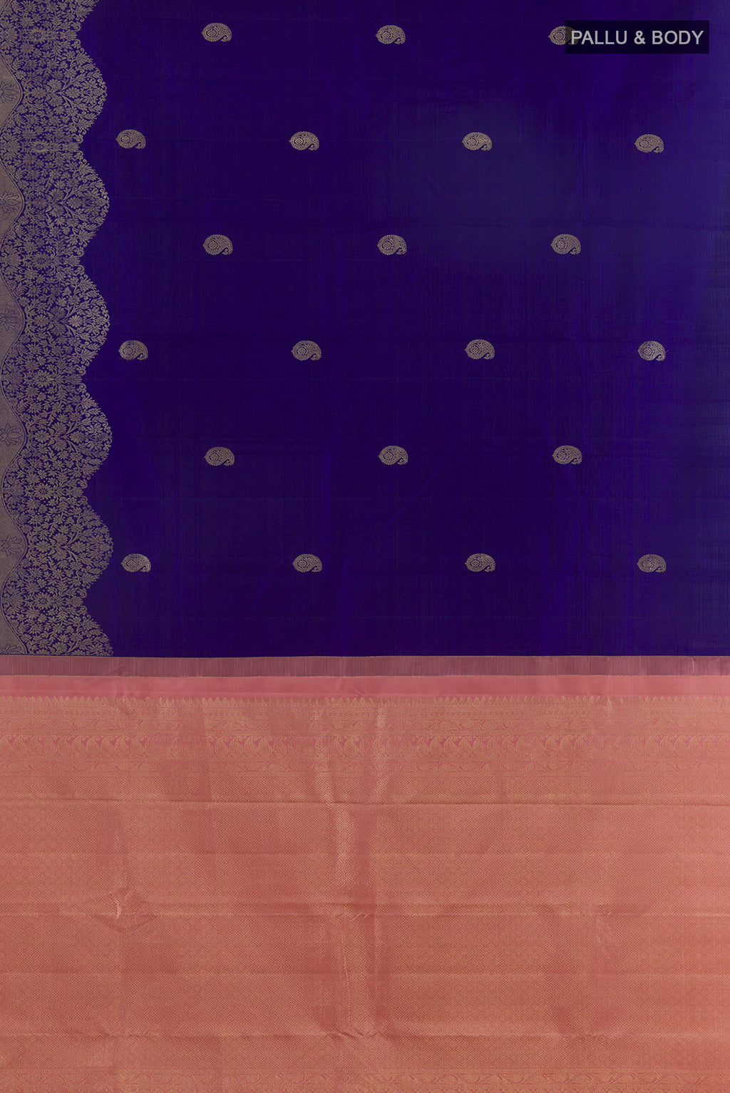 Flat view of Pure Silk Pure Zari Blue Kanjivaram Saree with Zari Butta on the body and Zari Border. 