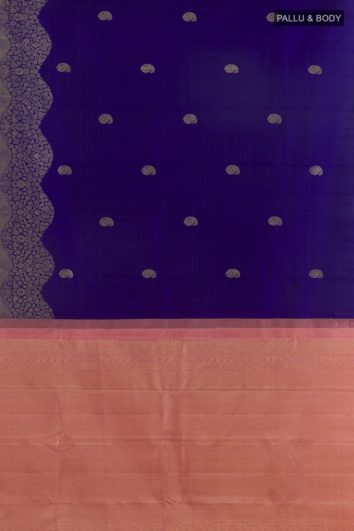 Flat view of Pure Silk Pure Zari Blue Kanjivaram Saree with Zari Butta on the body and Zari Border. 