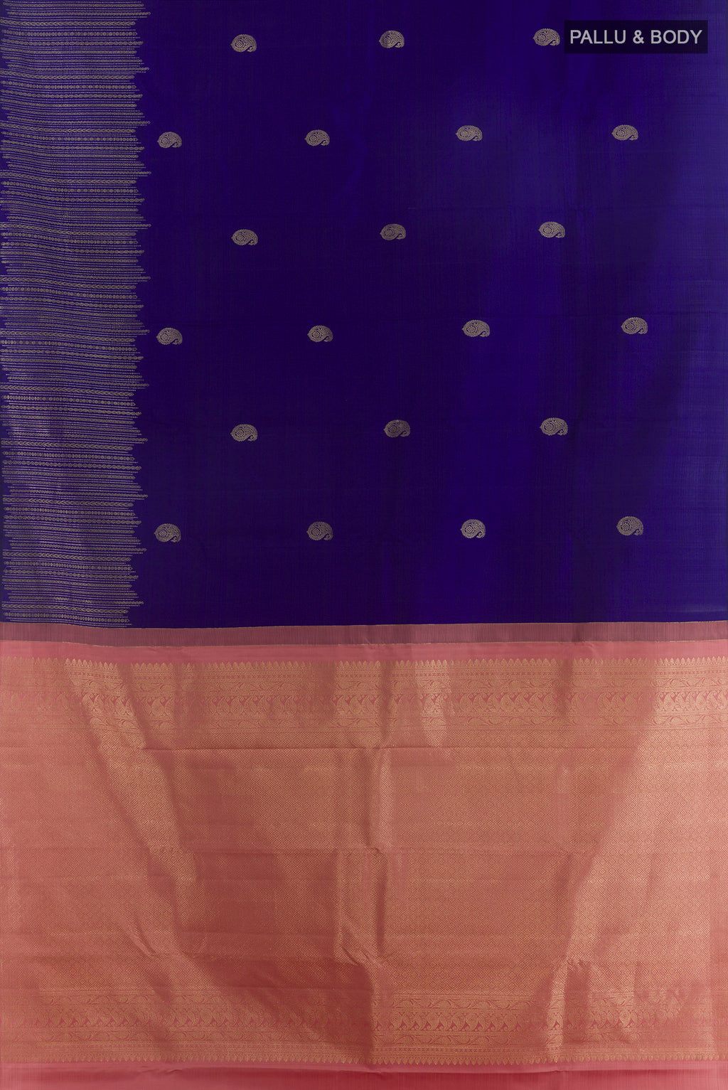 Flat view of Pure Silk Dark Blue Kanjivaram Saree with Zari Butta on the body and Zari Border. 