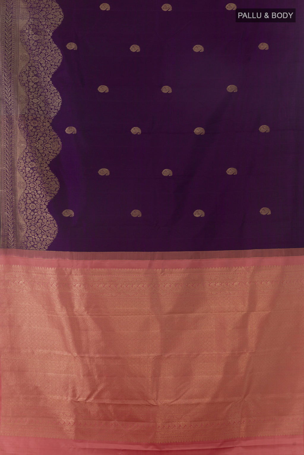 Flat view of Pure Silk Purple Kanjivaram Saree with Zari Butta on the body and Zari Border. 