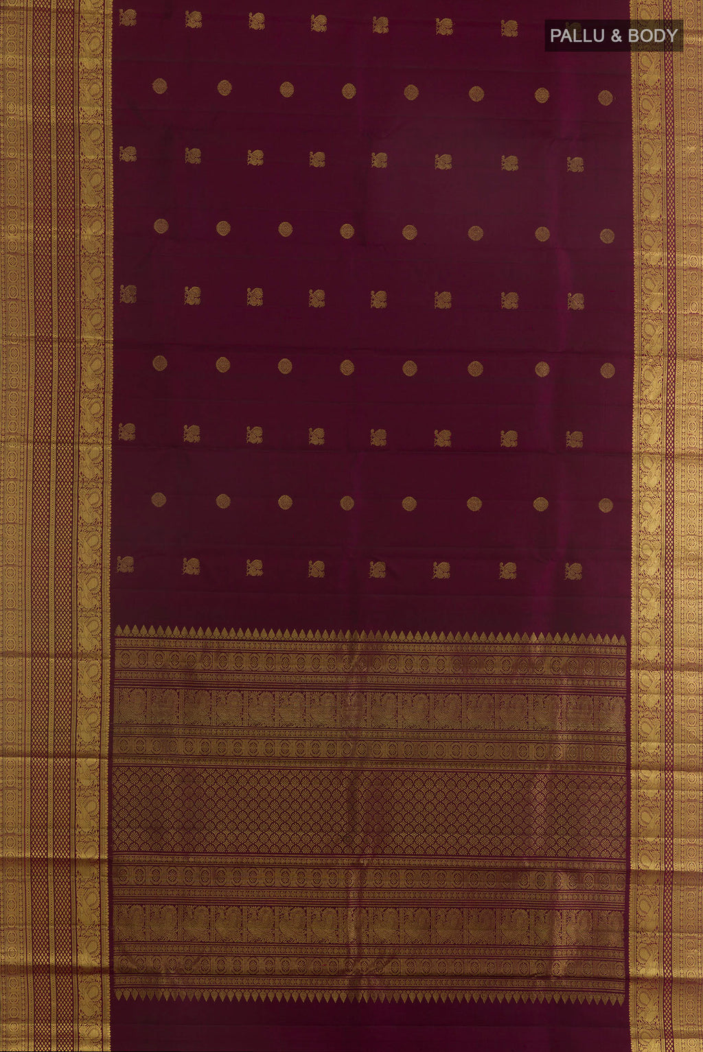 Flat view of Pure Silk Coffee Brown Kanchipuram Saree with Zari Butta on the body and Zari Border. 