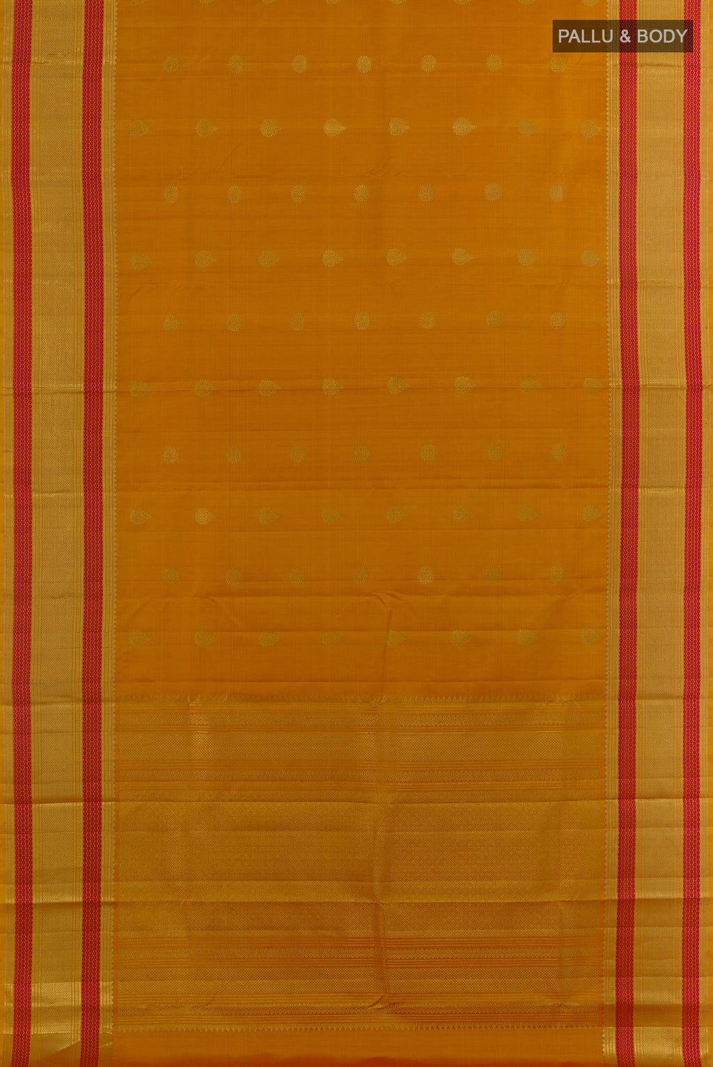 Flat view of Pure Silk Yellow Kanchipuram Saree with Zari Butta on the body and Zari Border. 