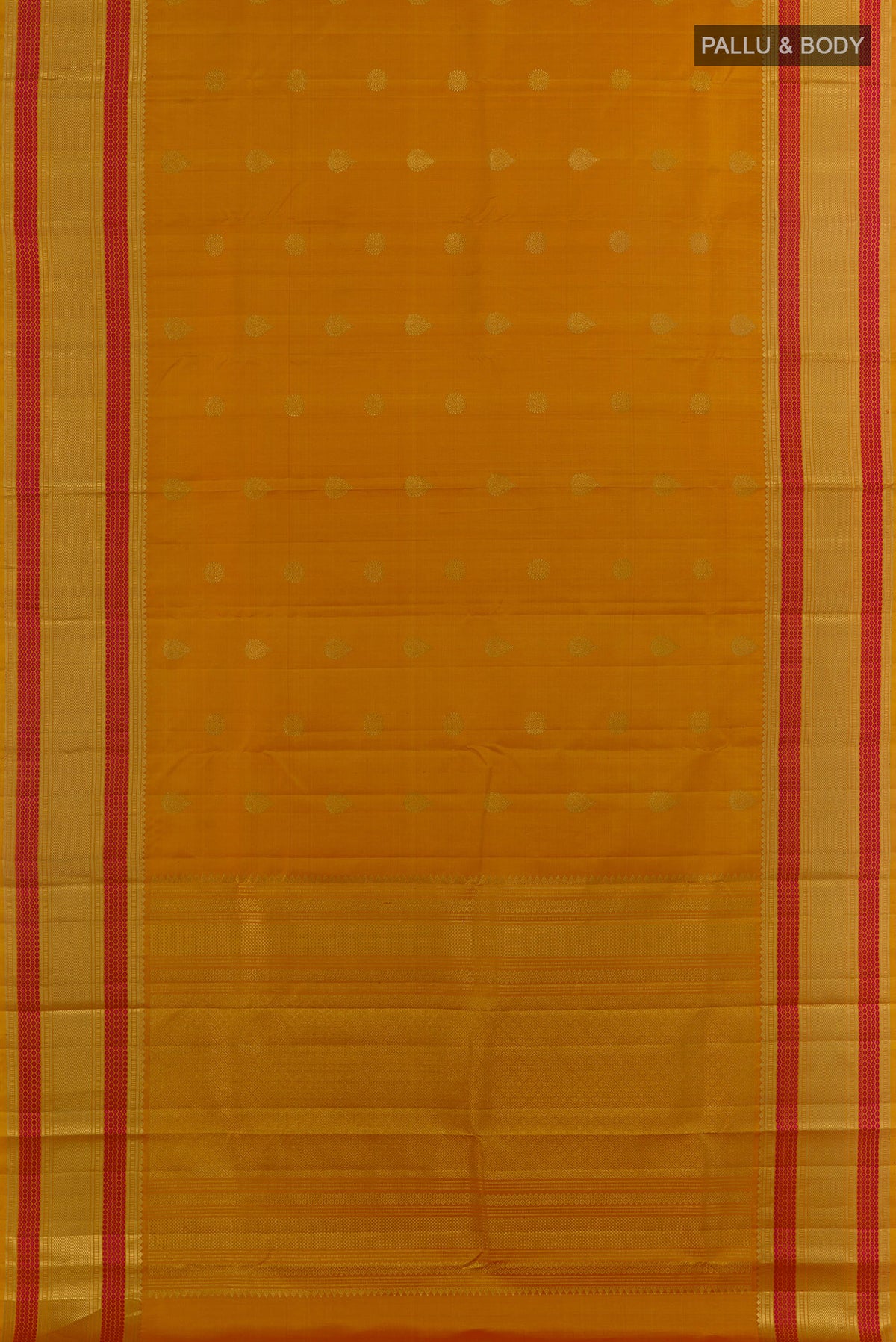 Flat view of Pure Silk Yellow Kanchipuram Saree with Zari Butta on the body and Zari Border. 