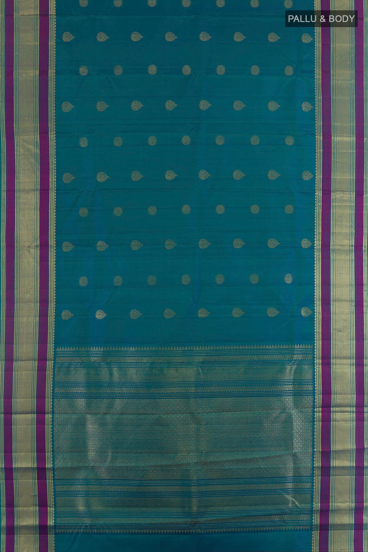 Flat view of Pure Silk Peacock Blue Kanchipuram Saree with Zari Butta on the body and Zari Border. 