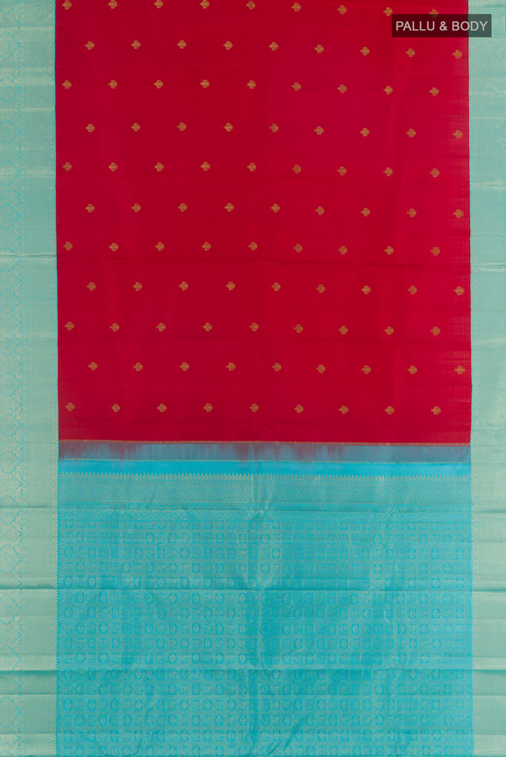 Flat view of Pure Silk Red Kanjivaram Saree with Zari Butta on the body and Zari Border. 