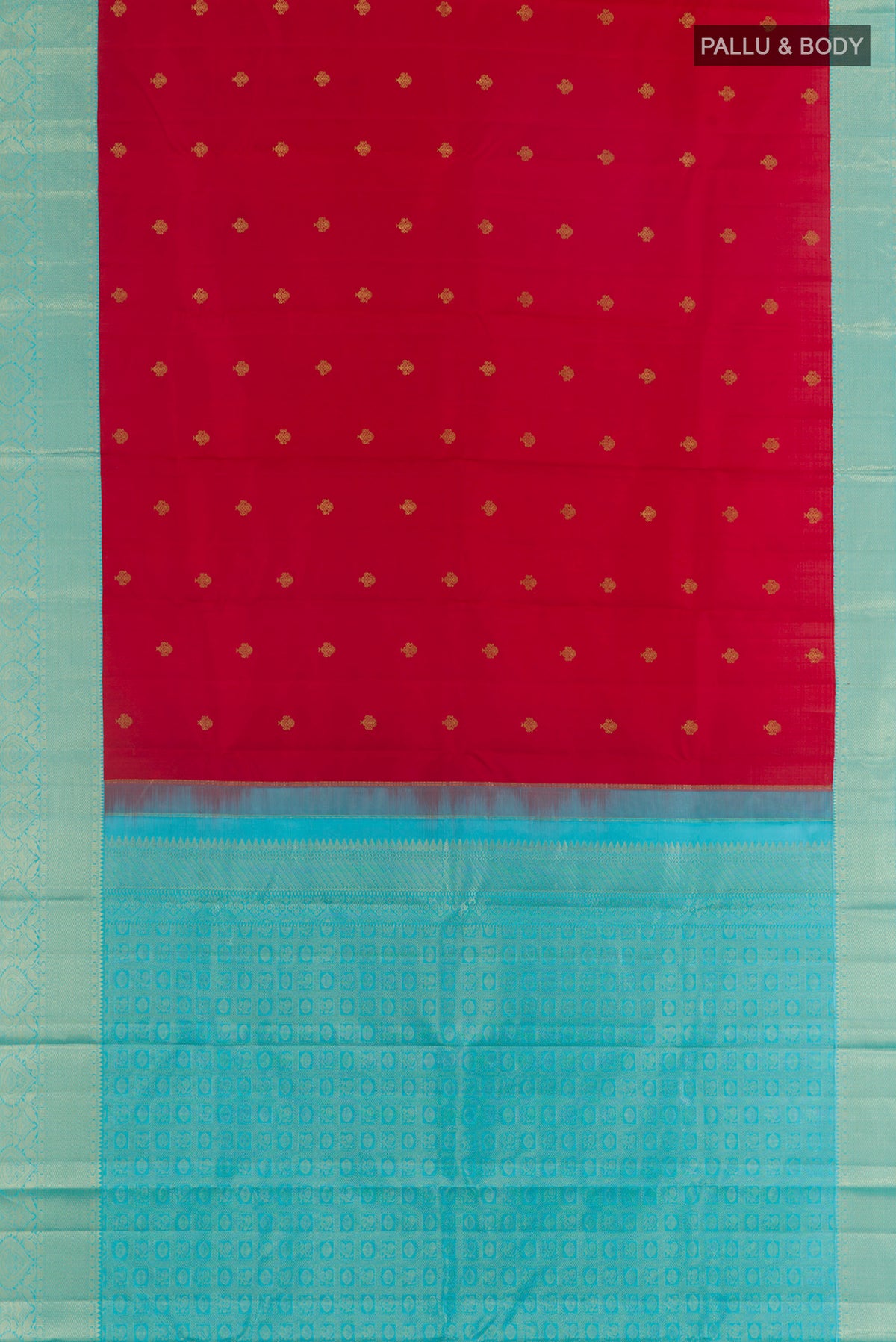 Flat view of Pure Silk Red Kanjivaram Saree with Zari Butta on the body and Zari Border. 