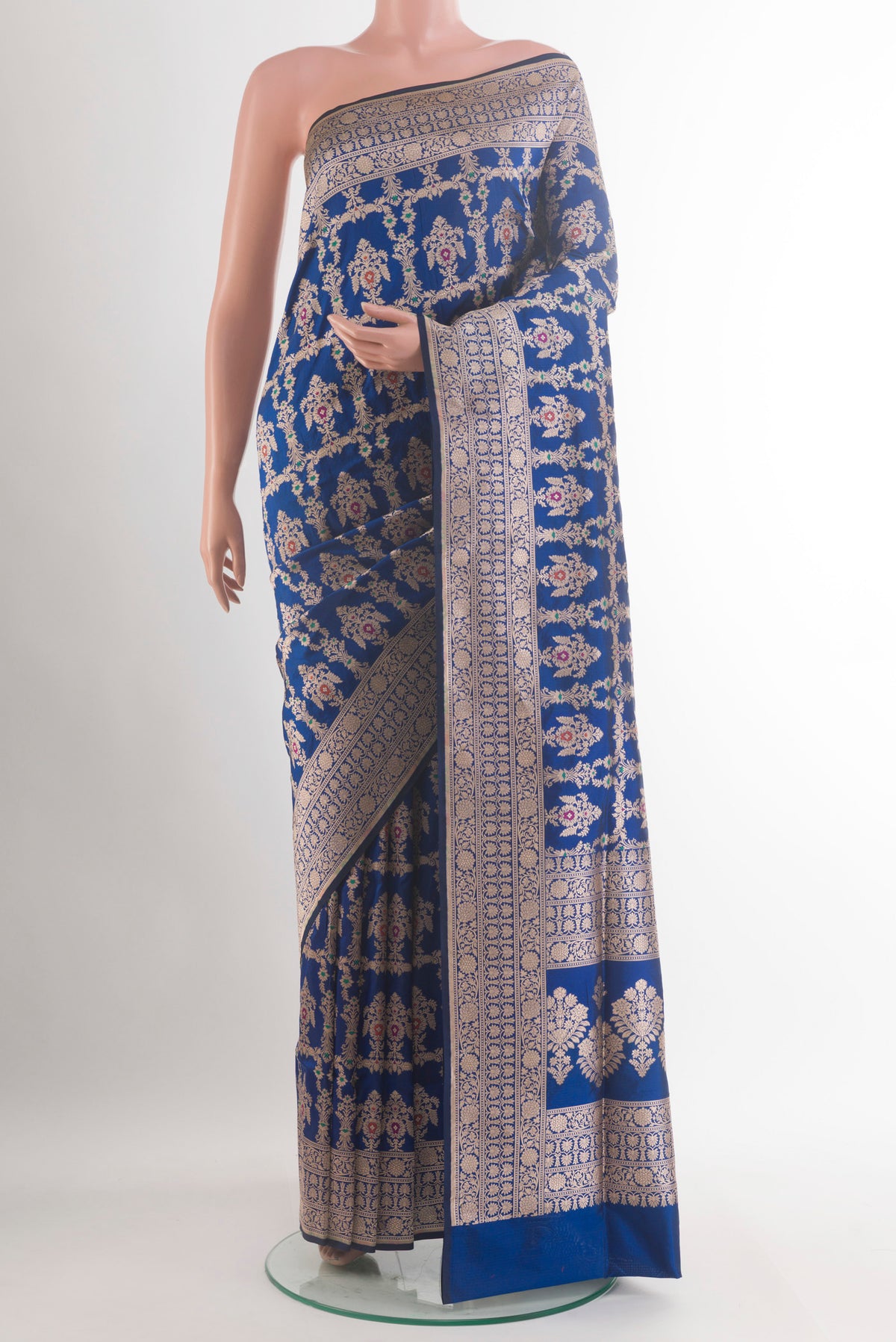 Pure Silk Blue Banarasi Saree with Zari Brocade on the body and Zari Border.  displayed on a mannequin