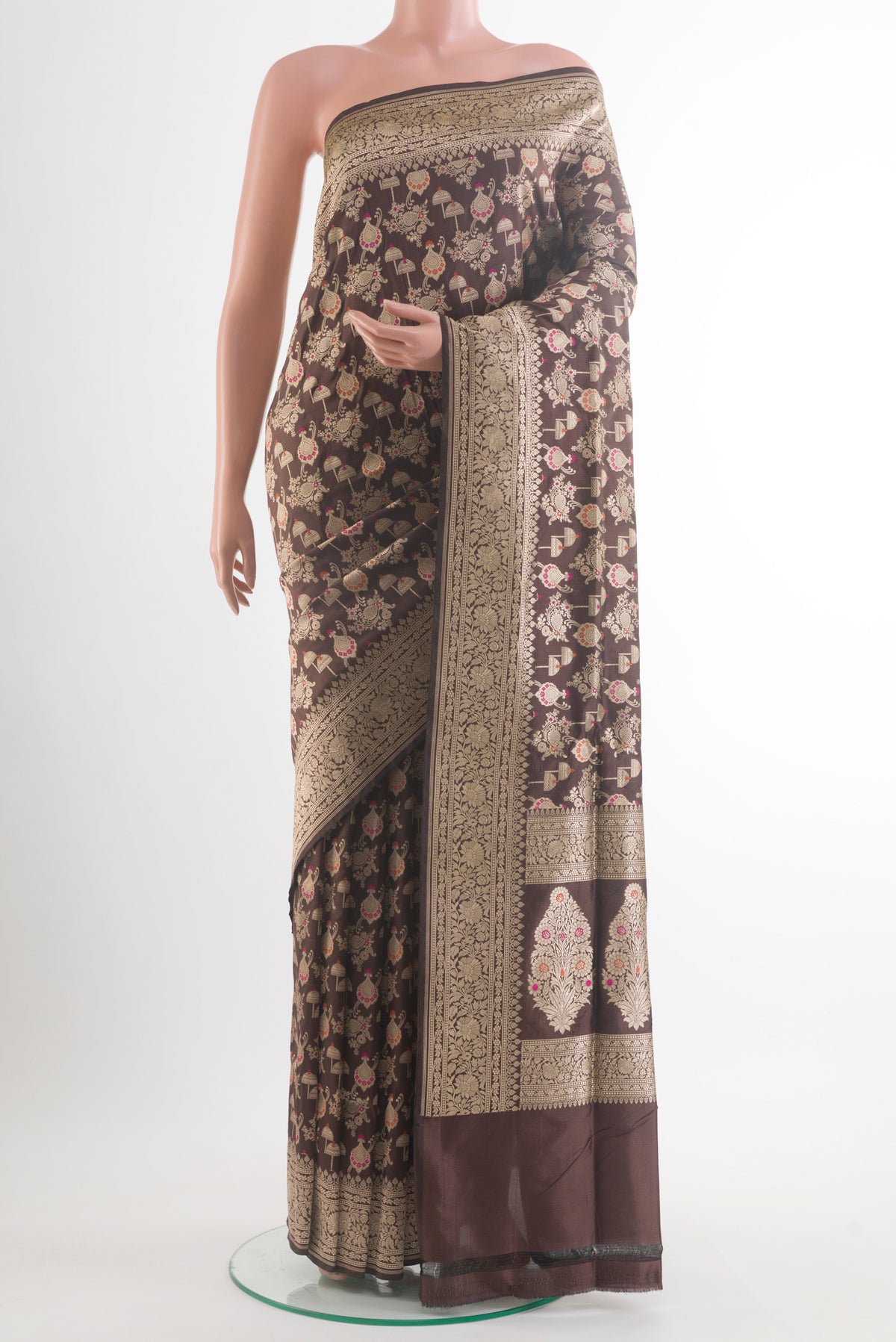 Pure Silk Coffee Brown Banarasi Saree with Zari Brocade on the body and Zari Border.  displayed on a mannequin