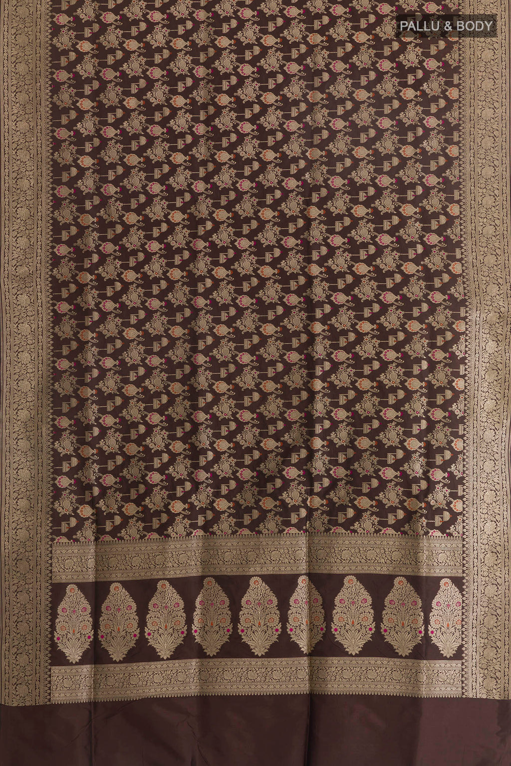 Flat view of Pure Silk Coffee Brown Banarasi Saree with Zari Brocade on the body and Zari Border. 