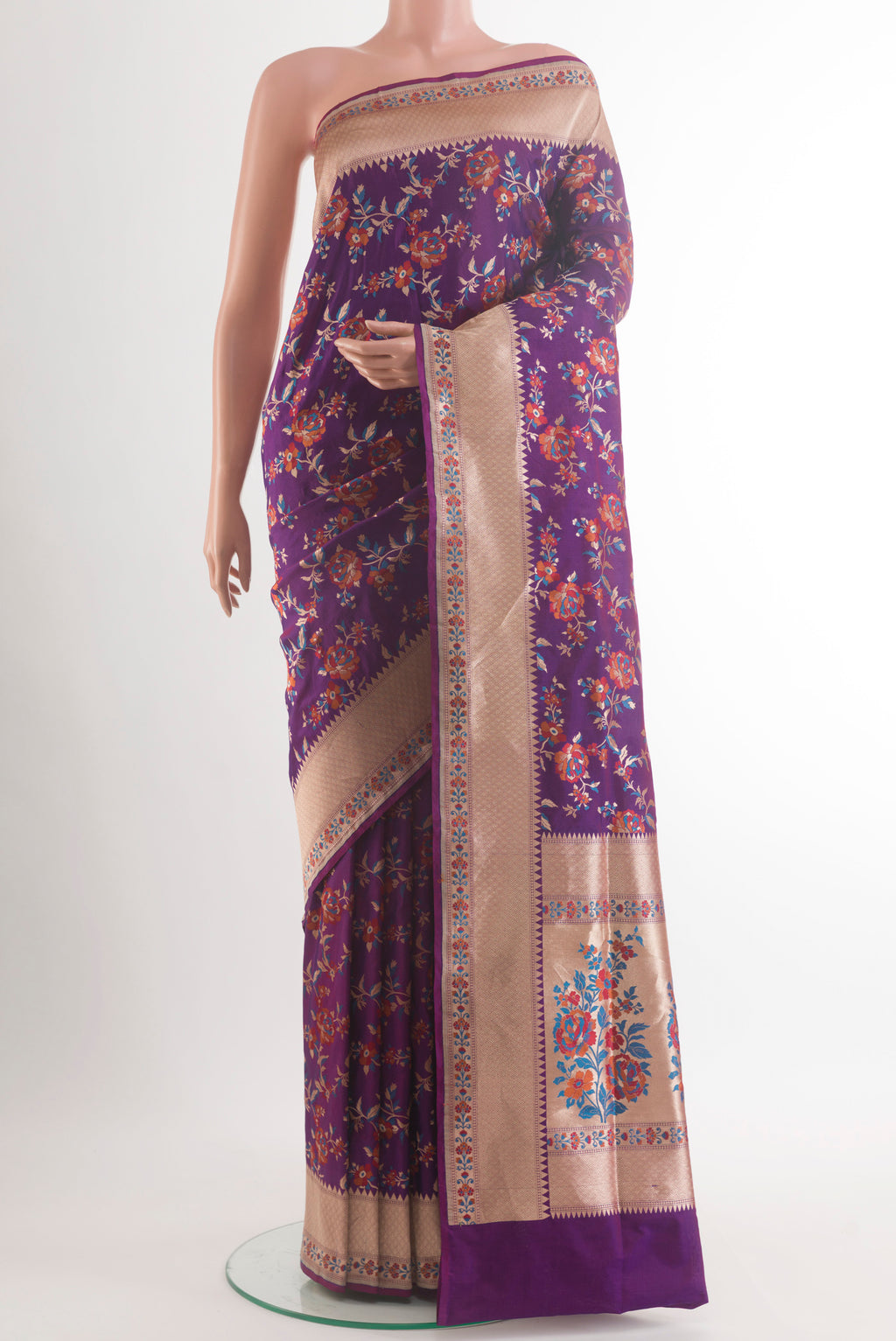 Pure Silk Purple Banarasi Saree with Zari Brocade on the body and Zari Border.  displayed on a mannequin