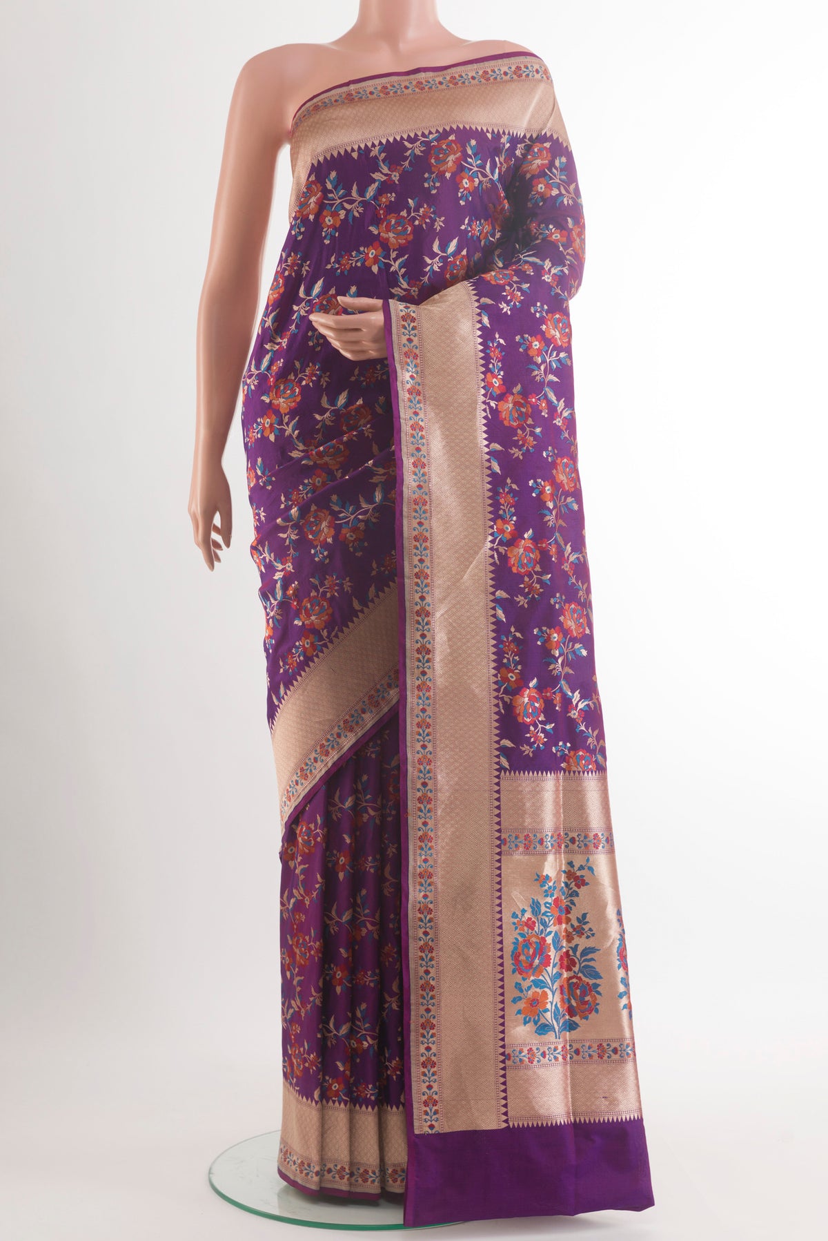 Pure Silk Purple Banarasi Saree with Zari Brocade on the body and Zari Border.  displayed on a mannequin