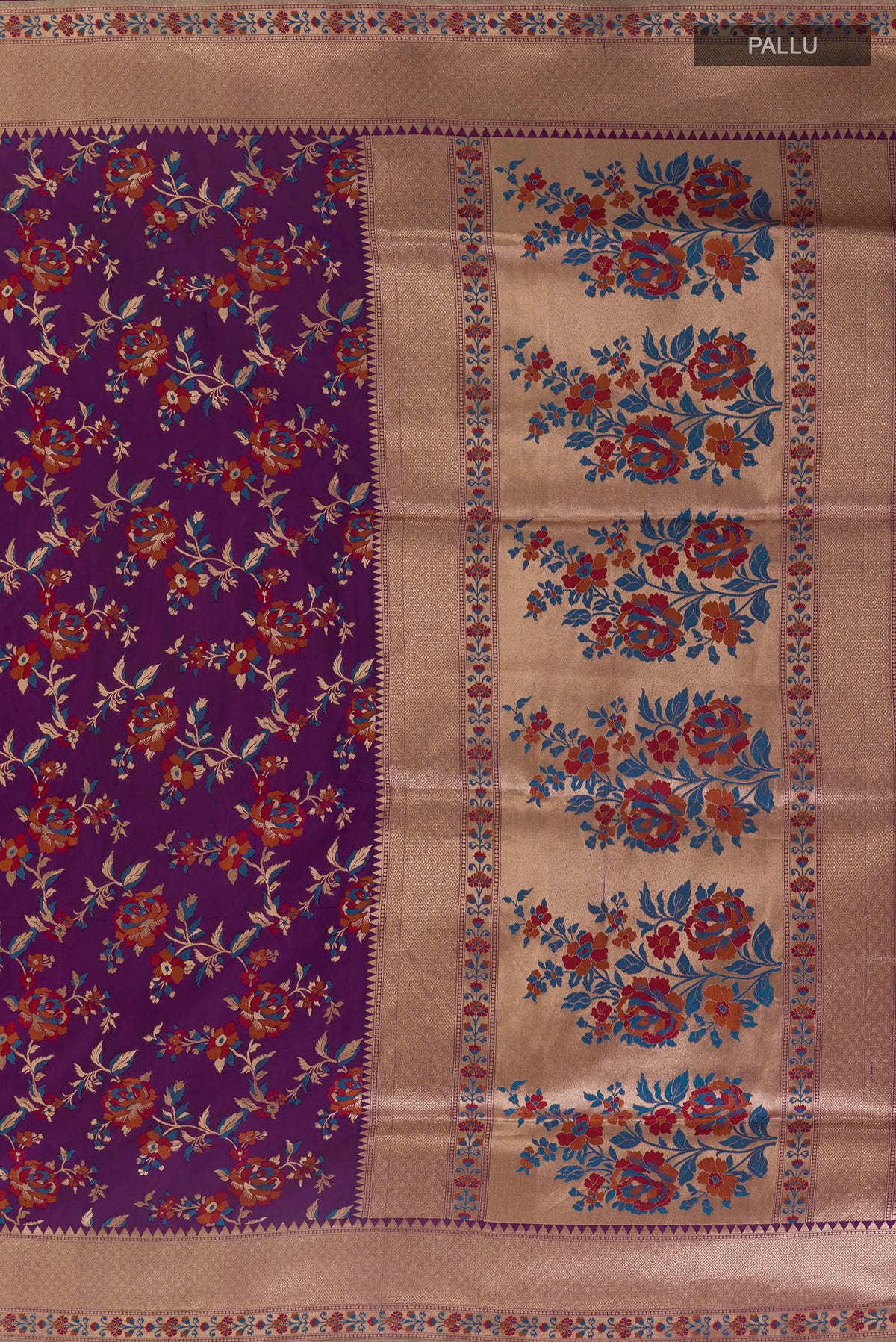 Close up image of the pallu of Pure Silk Purple Banarasi Saree with Zari Brocade on the body and Zari Border. 
