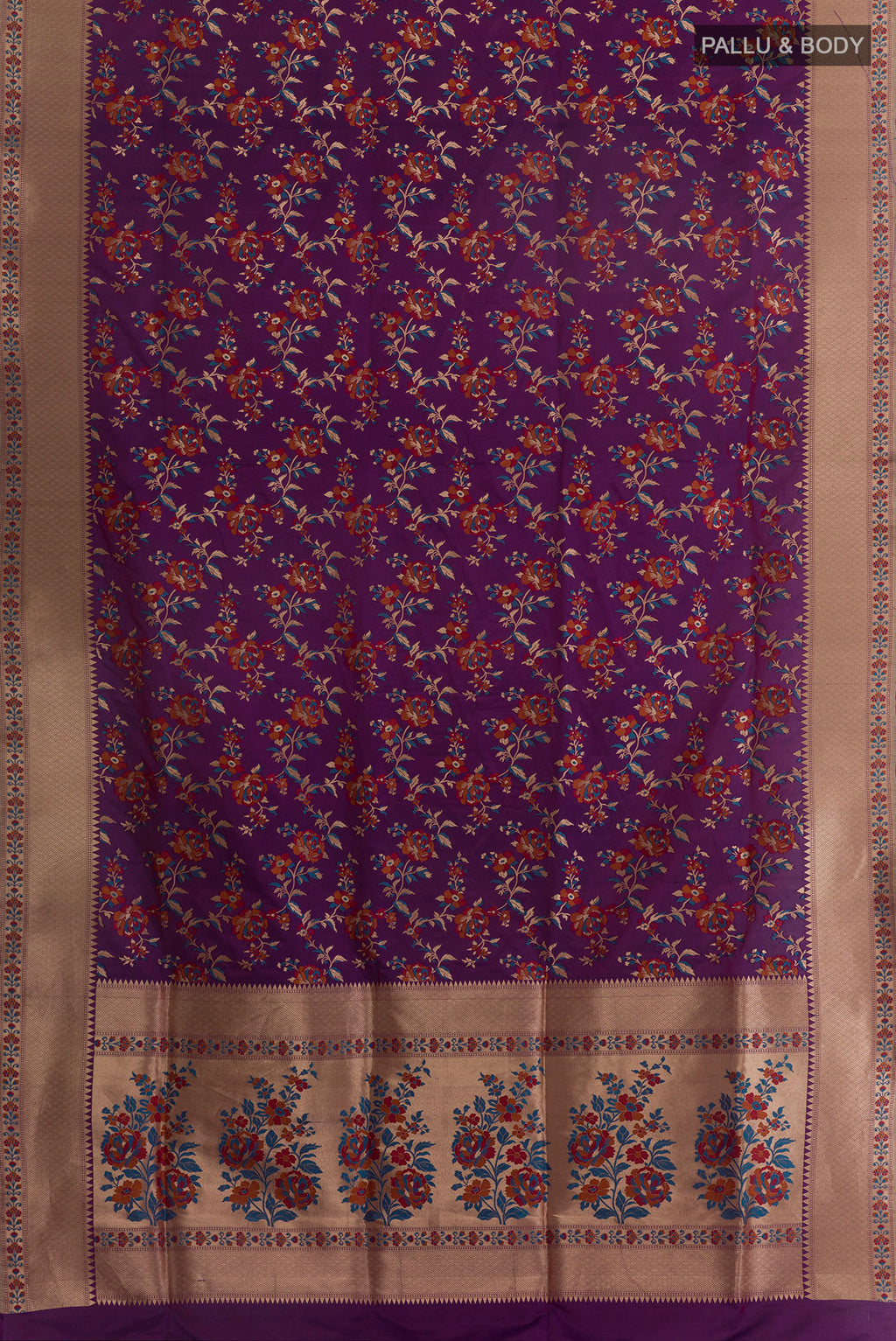 Flat view of Pure Silk Purple Banarasi Saree with Zari Brocade on the body and Zari Border. 