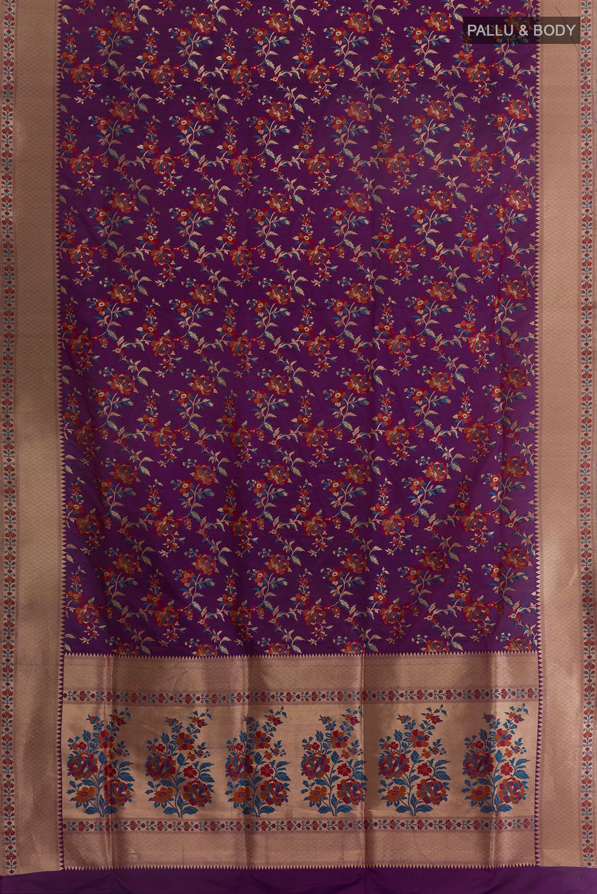 Flat view of Pure Silk Purple Banarasi Saree with Zari Brocade on the body and Zari Border. 