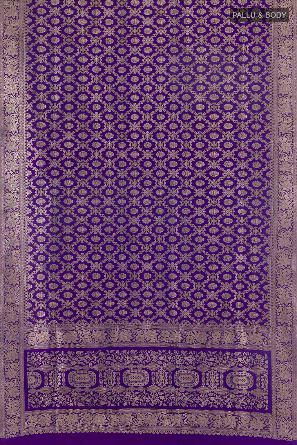 Flat view of Pure Silk Purple Banarasi Saree with Zari Brocade on the body and Zari Border. 