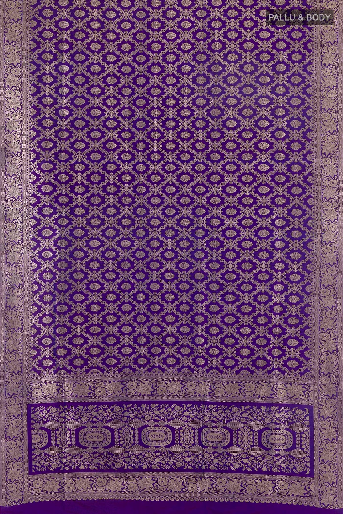 Flat view of Pure Silk Purple Banarasi Saree with Zari Brocade on the body and Zari Border. 