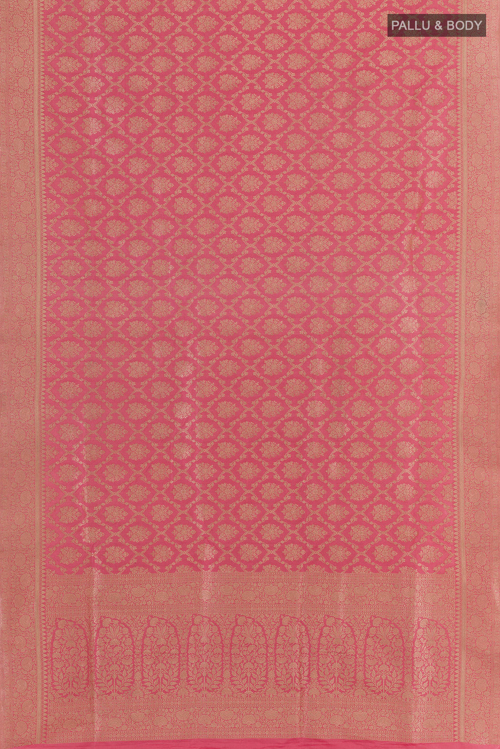 Flat view of Pure Silk Peach Banarasi Saree with Zari Brocade on the body and Zari Border. 