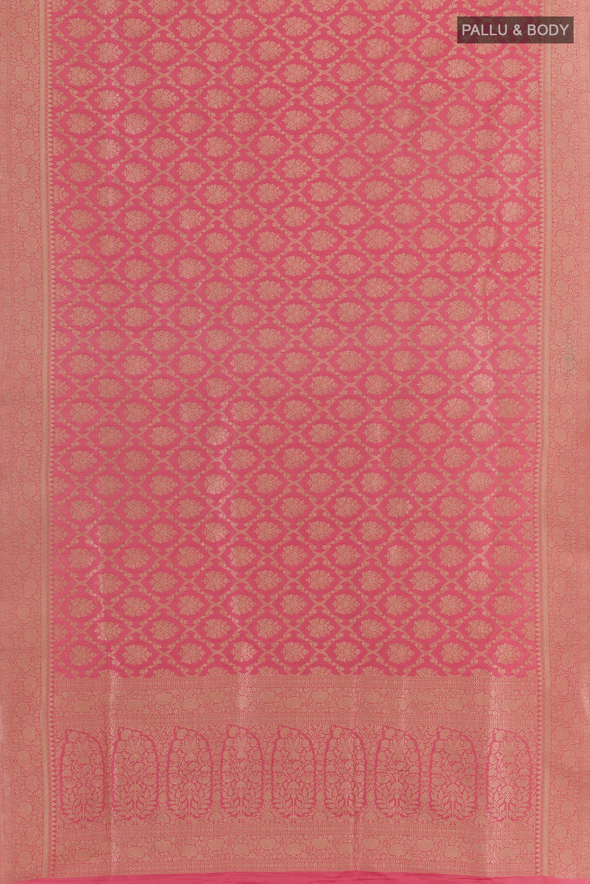 Flat view of Pure Silk Peach Banarasi Saree with Zari Brocade on the body and Zari Border. 