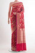Pure Silk Red Banarasi Saree with Zari And Thread Butta on the body and Zari Border.  displayed on a mannequin