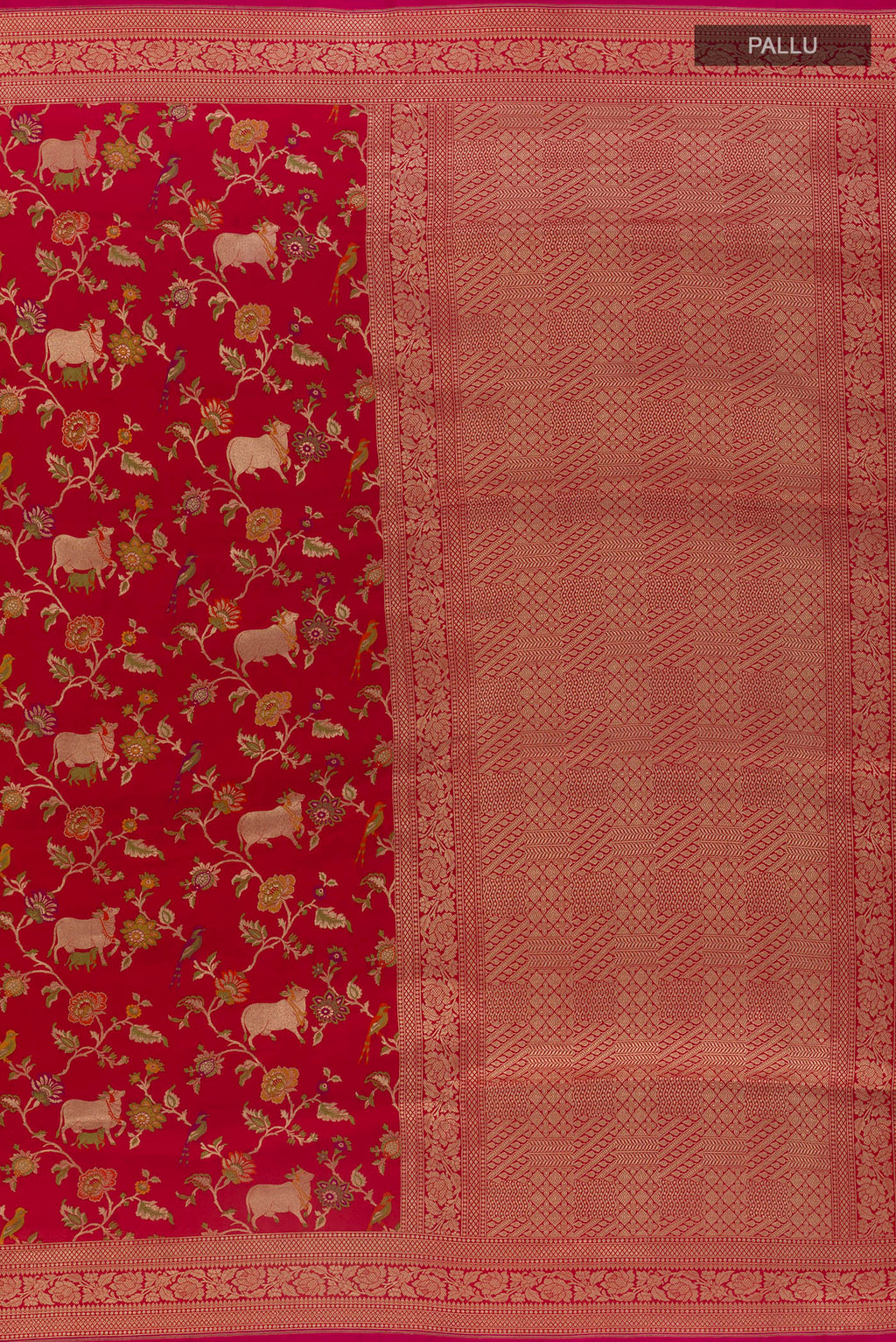Close up image of the pallu of Pure Silk Red Banarasi Saree with Zari And Thread Butta on the body and Zari Border. 