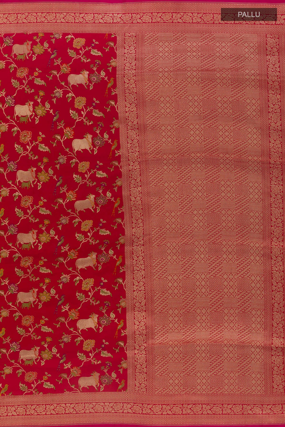 Close up image of the pallu of Pure Silk Red Banarasi Saree with Zari And Thread Butta on the body and Zari Border. 