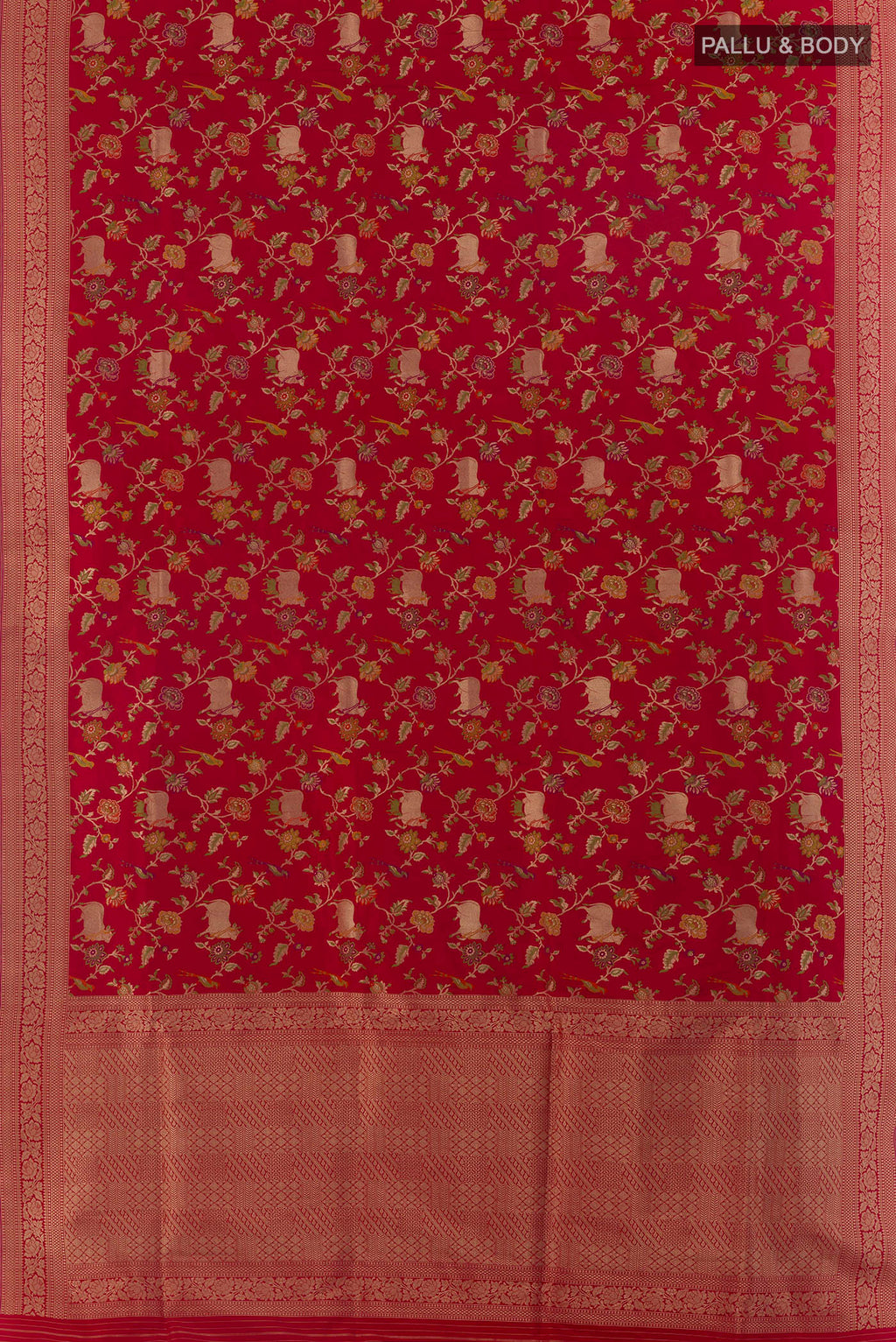 Flat view of Pure Silk Red Banarasi Saree with Zari And Thread Butta on the body and Zari Border. 