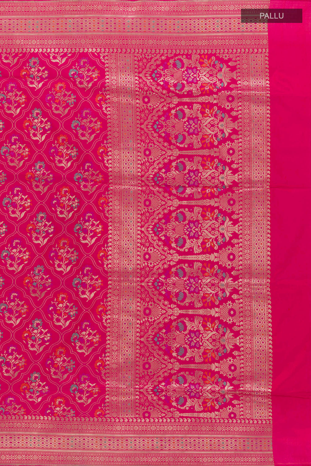 Close up image of the pallu of Pure Silk Pink Banarasi Saree with Zari Brocade on the body and Zari Border. 