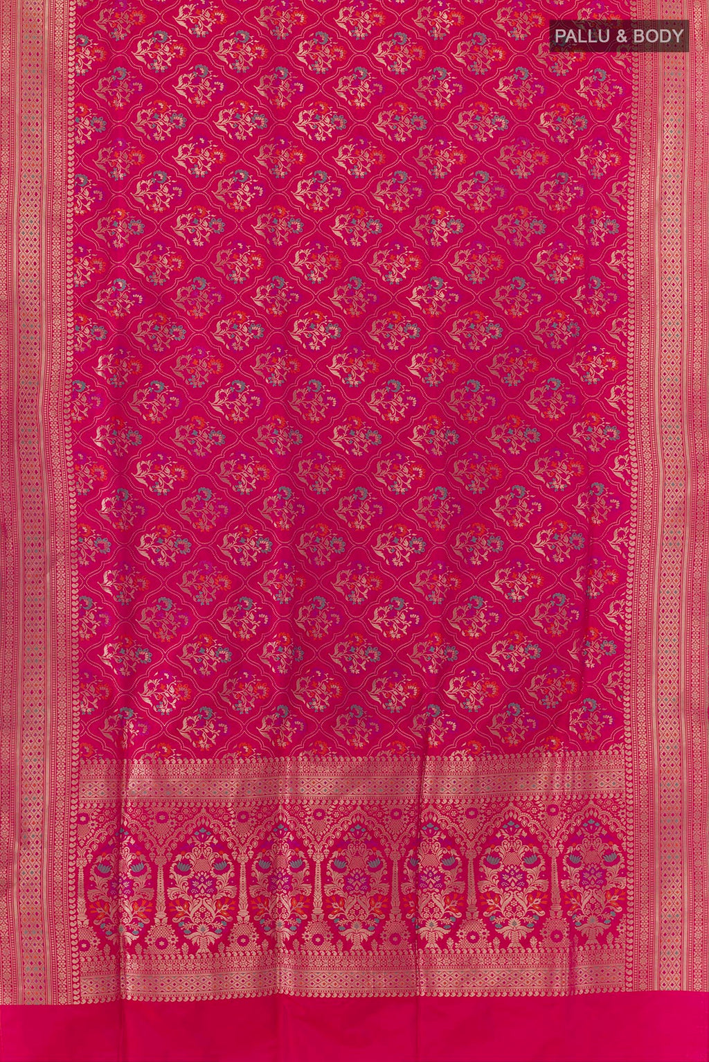 Flat view of Pure Silk Pink Banarasi Saree with Zari Brocade on the body and Zari Border. 