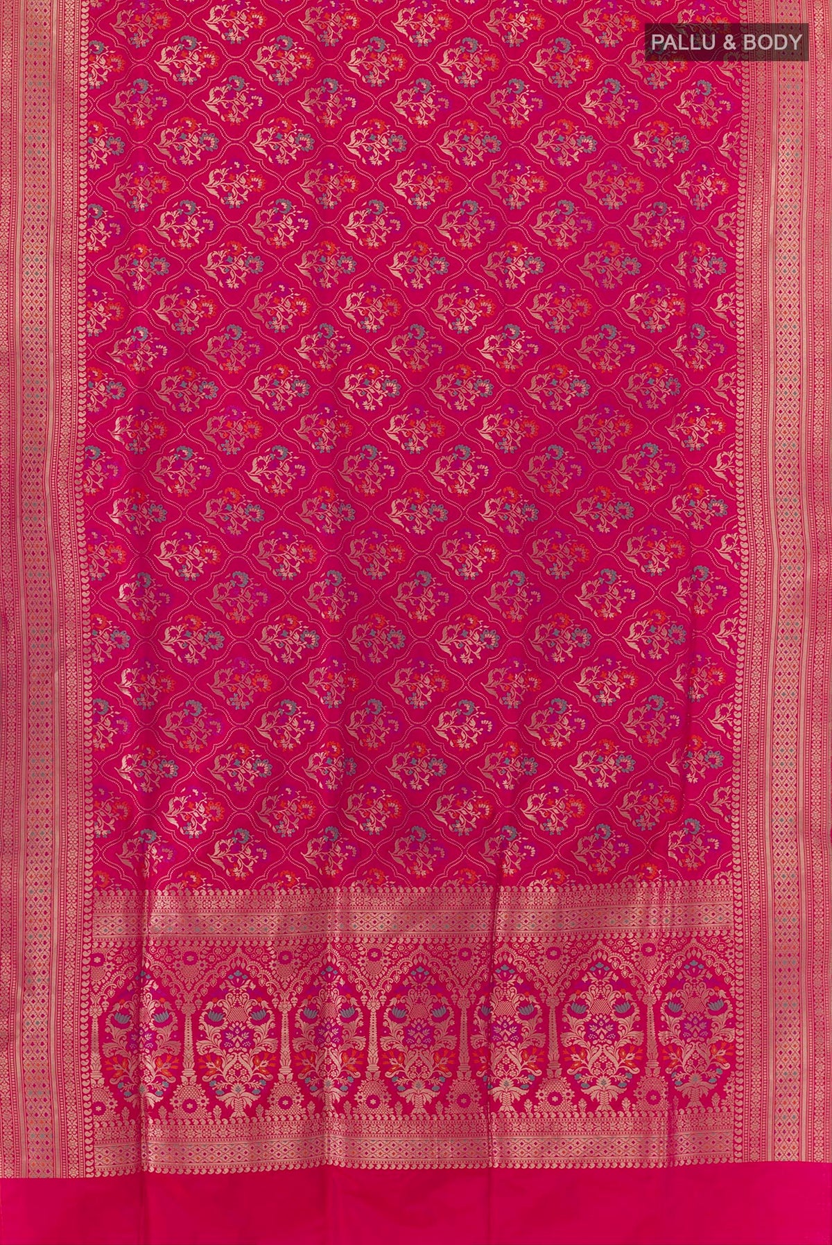 Flat view of Pure Silk Pink Banarasi Saree with Zari Brocade on the body and Zari Border. 
