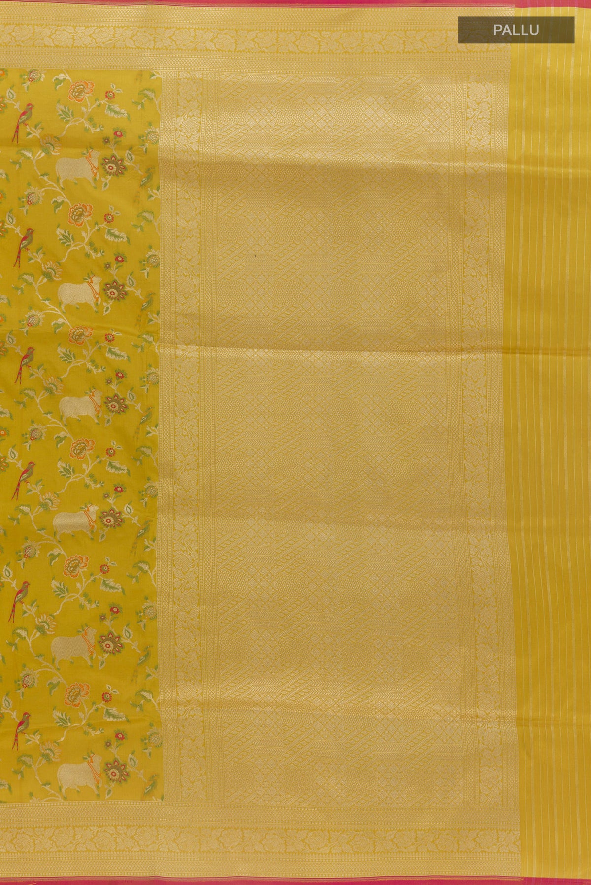 Close up image of the pallu of Pure Silk Yellow Banarasi Saree with Zari And Thread Butta on the body and Zari Border. 