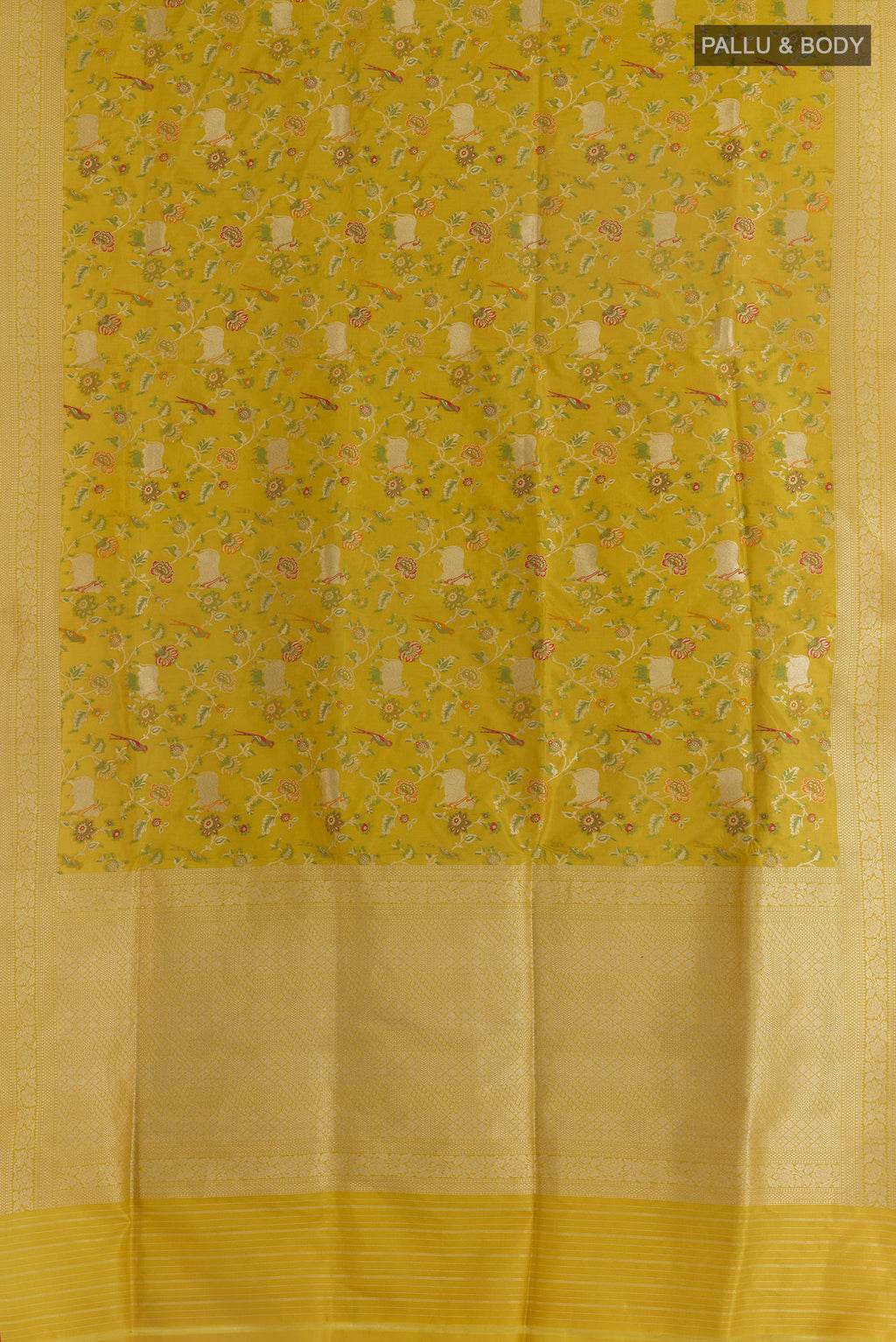 Flat view of Pure Silk Yellow Banarasi Saree with Zari And Thread Butta on the body and Zari Border. 