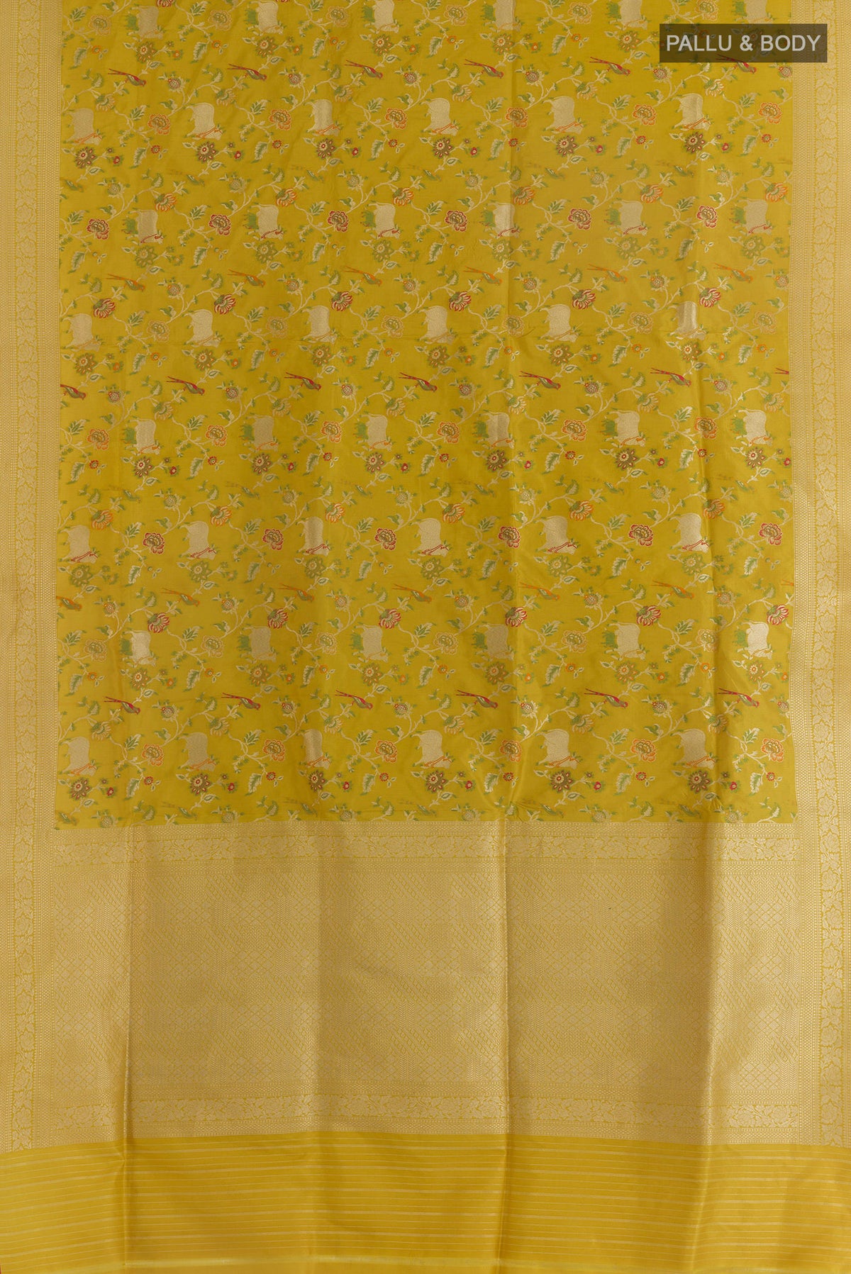 Flat view of Pure Silk Yellow Banarasi Saree with Zari And Thread Butta on the body and Zari Border. 