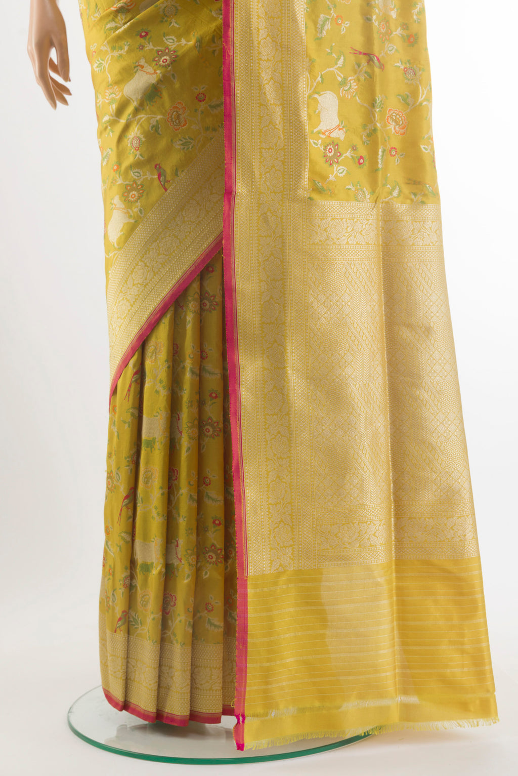 Pleats and pallu of Pure Silk Yellow Banarasi Saree with Zari And Thread Butta on the body and Zari Border. 