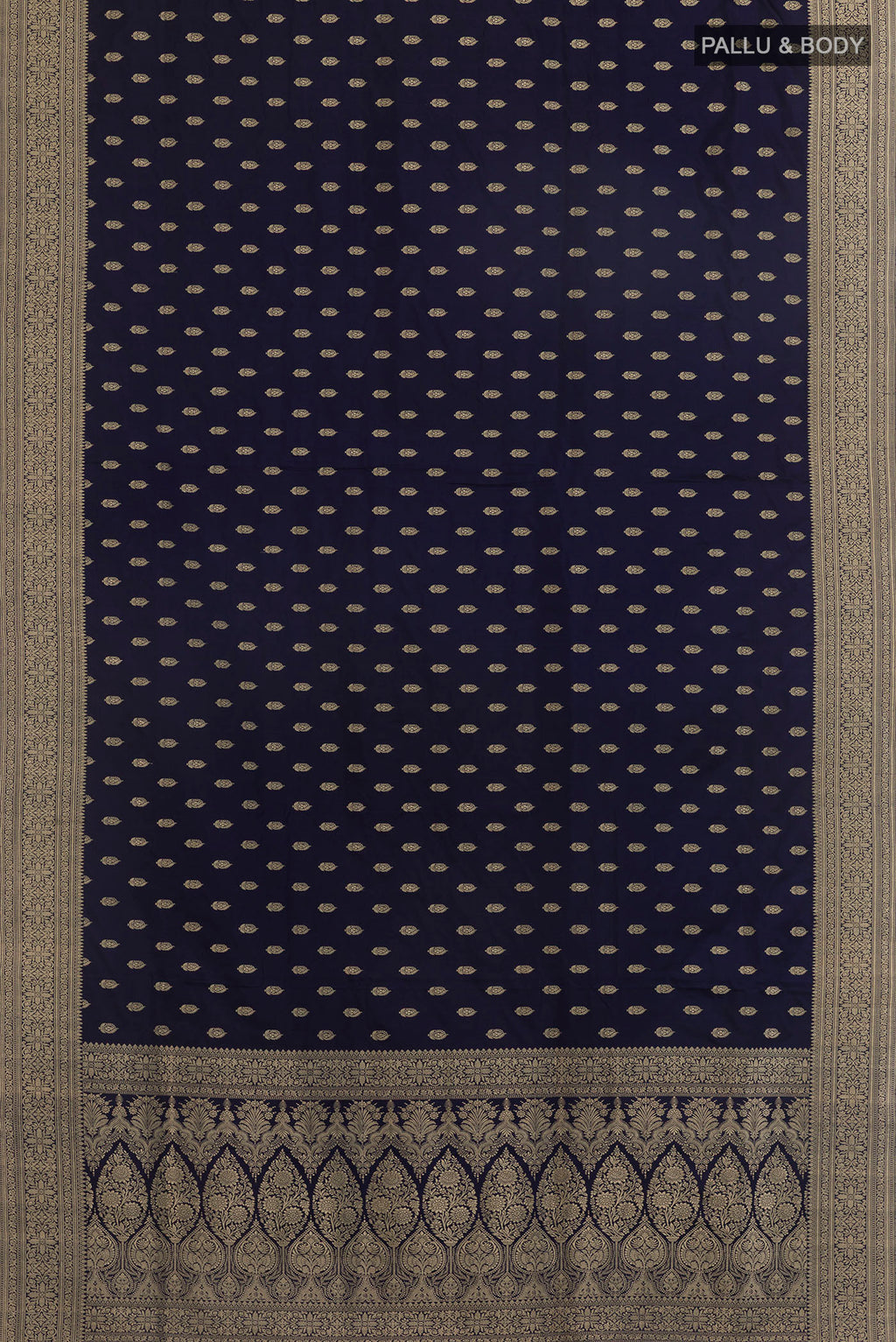 Flat view of Navy Blue Banarasi Saree with Zari Butta on the body and Zari Border. 