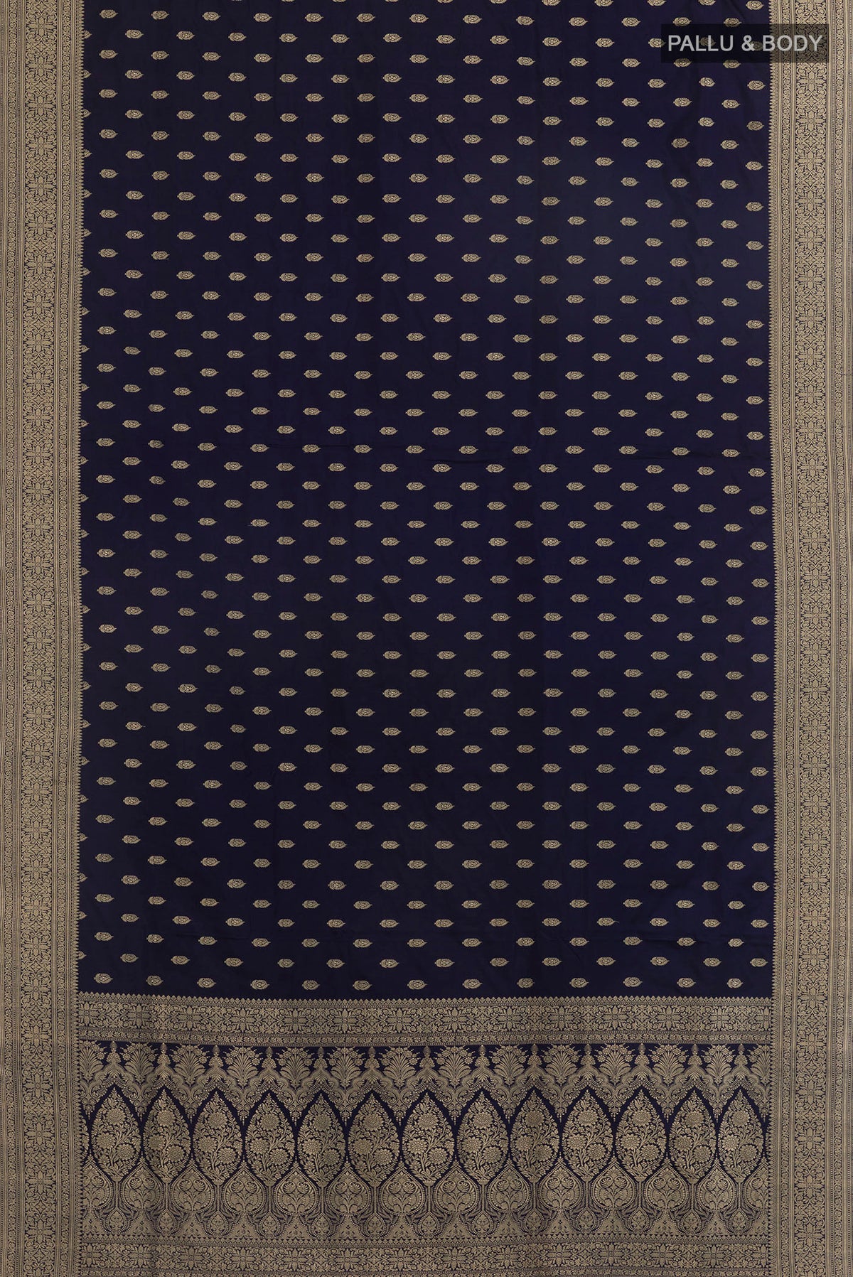 Flat view of Navy Blue Banarasi Saree with Zari Butta on the body and Zari Border. 