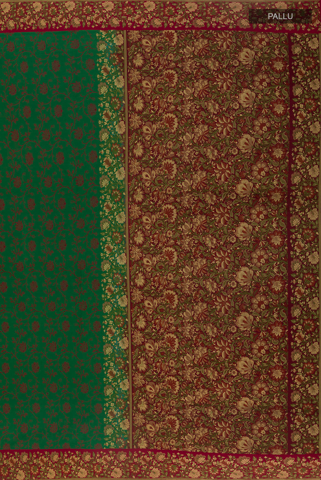 Close up image of the pallu of Green Banarasi Tanchoi Saree with Jacquard design on the body and Embroidery Border. 