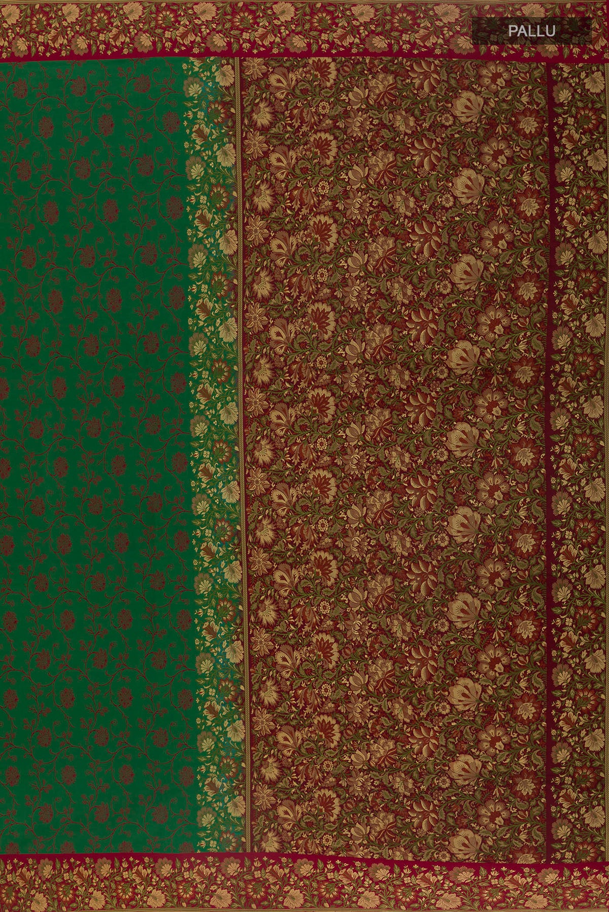 Close up image of the pallu of Green Banarasi Tanchoi Saree with Jacquard design on the body and Embroidery Border. 