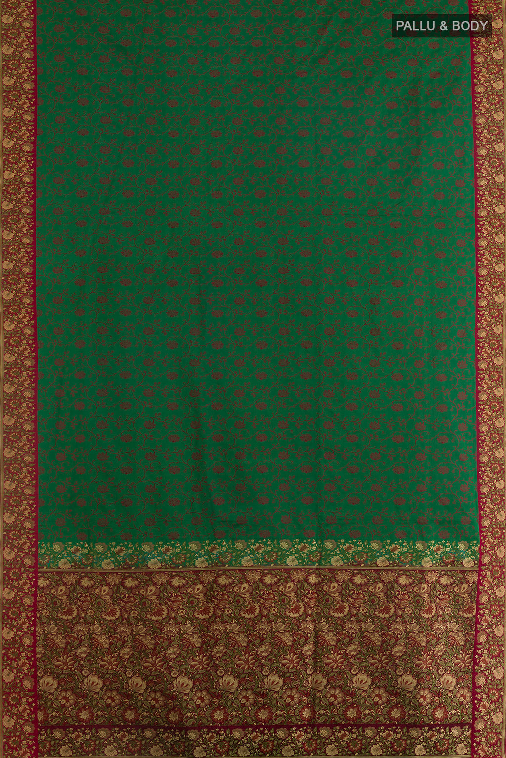Flat view of Green Banarasi Tanchoi Saree with Jacquard design on the body and Embroidery Border. 