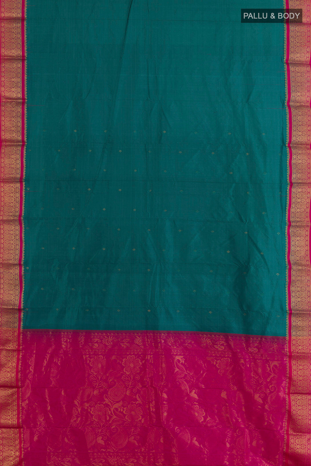 Flat view of Pure Silk Blue Bangalore Saree with Zari Butta on the body and Zari Border. 